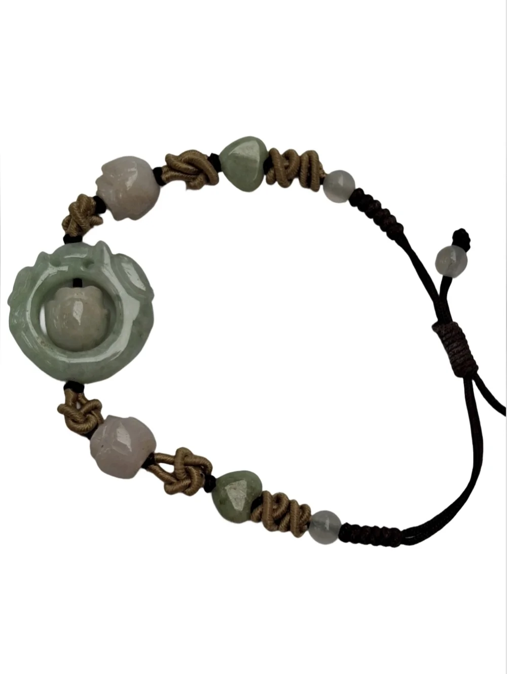 Vintage Hand-Carved Jade & Rose Quartz Macramé Slider Bracelet - Eternity Symbol